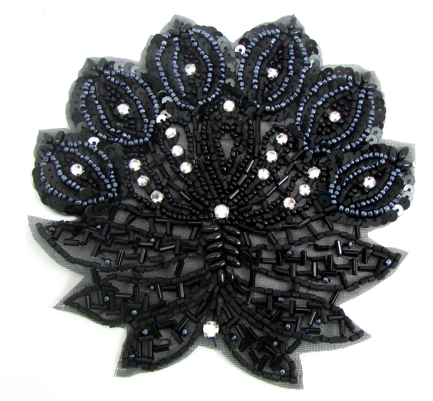 Designer Motif - Black Beads - Tiny Black Sequins - 21 Rhinestones 5"x 5”