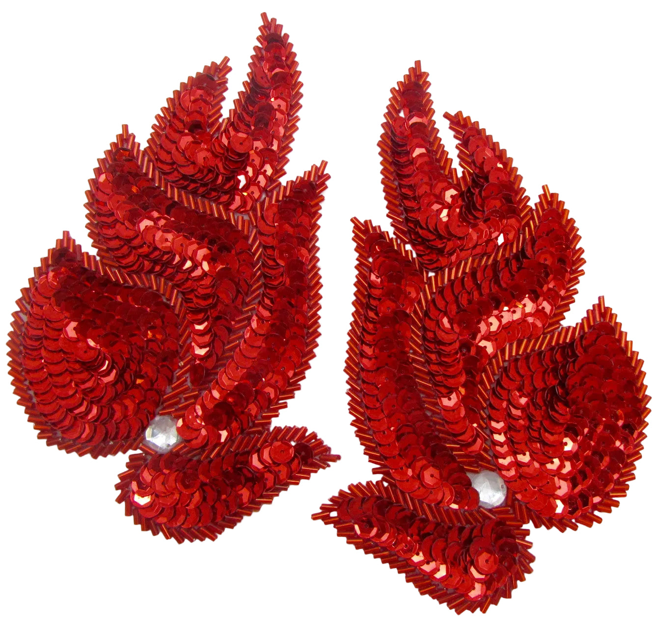 Designer Motif Leaf Pair with Red Sequins and Beads and Rhinestones 6" x 4"