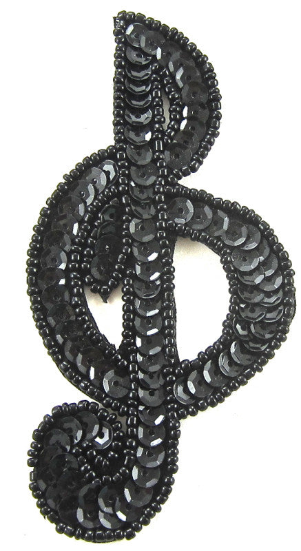 Clave de Sol Lentejuelas Negras y Cuentas 10,16 cm x 5,08 cm