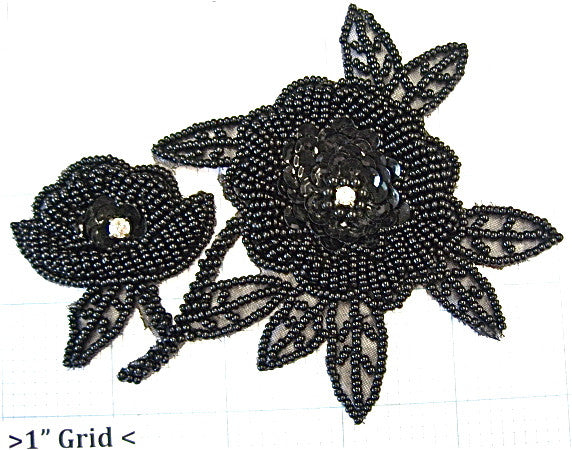 Flower with Black Beads and Rhinestones 4.75" x 3.5"