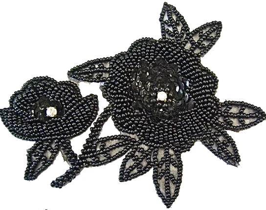 Flower with Black Beads and Rhinestones 4.75" x 3.5"