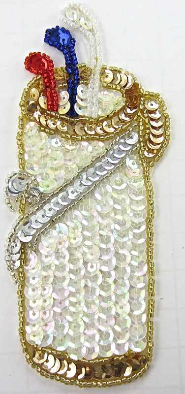 Golf Bag with Iridescent White, Silver and Gold Sequins and Iridescent, Gold, Silver, Red and Blue Beads 5.5" x 2.5"