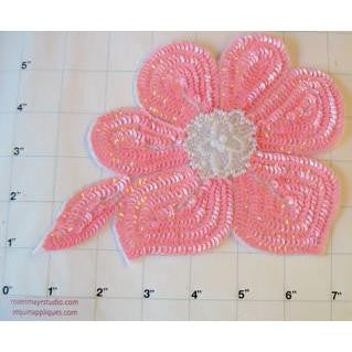 Flower Pink sequins and white beading with pearls 7.5" x 5"
