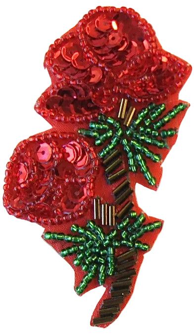Flor doble rosa con lentejuelas rojas y cuentas verdes, rojas y bronce de 7.6 cm x 5.1 cm