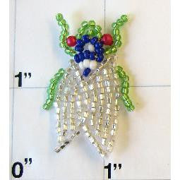 Fly with Silver, Green, Blue, White and Red Beads 1.5” x 1”