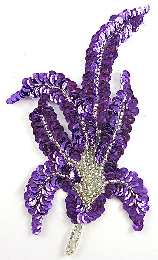 Choice of Flower and Leaf Motif Appliqué - Pair or Single Piece - Purple Sequins and Silver Beads 6" x 3"