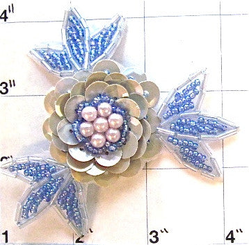 Flower Appliqué with Gray and Light Blue Sequins and Beads with Faux Pearls 3"