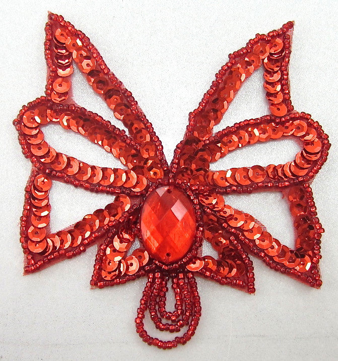 Designer Motif with Red Sequins Beads and Stone 4" x 4"
