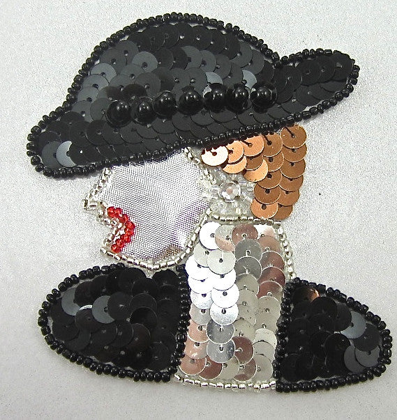 Lady's Face Appliqué Facing Left with Bronze, Black and Silver Sequins and Black, Silver and Red Beads 3.5" x 3"