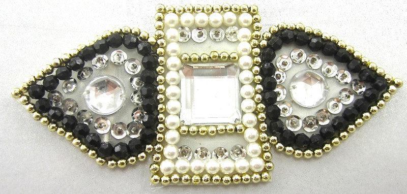 Designer Motif with Silver Sequins and Black, Gold and White Beads - Rhinestone Accents 6” x 3”