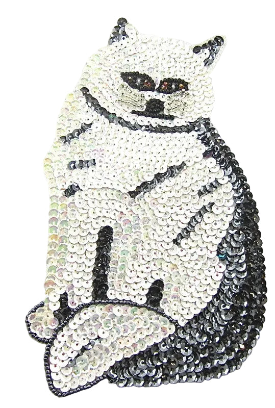 Cat Appliqué with White and Grey Sequins 7” x 4.25”