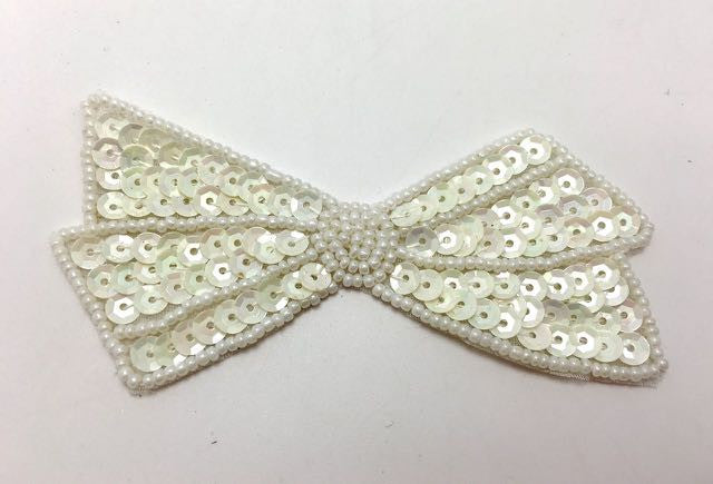 Bow with White Iridescent Sequins and White Beads 2" x 4"