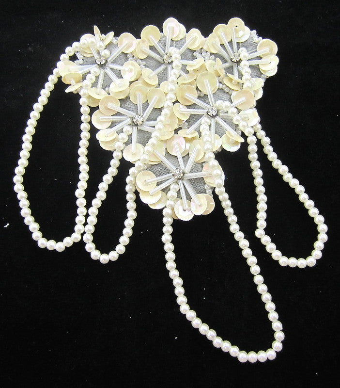 Epaulet - Beige Sequins - White Beads - Rhinestones 6" x 4'