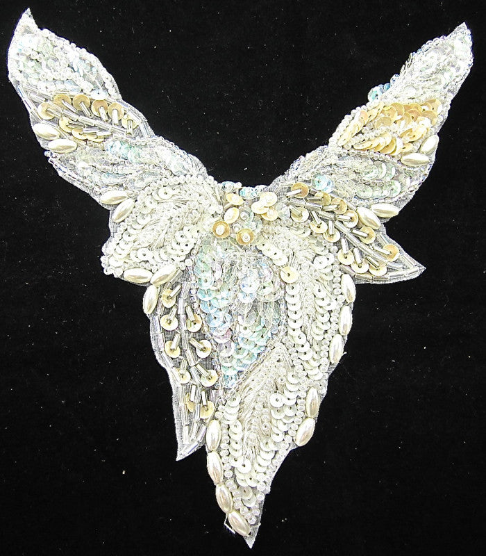 Designer Motif Neck Line with Beige Iridescent Sequins and Pearls 6" x 6"