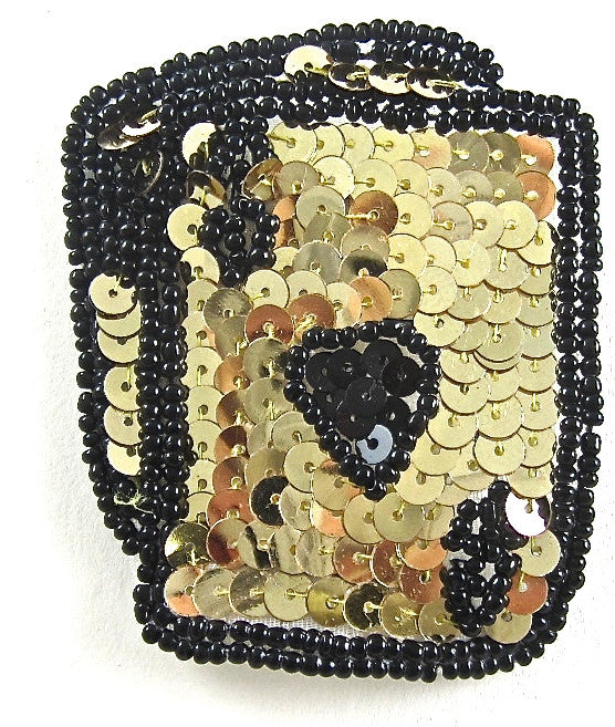 Ace King Heart Playing Card with Gold Sequins and Black Beads 2.75" x 2.25" - Sequinappliques.com
