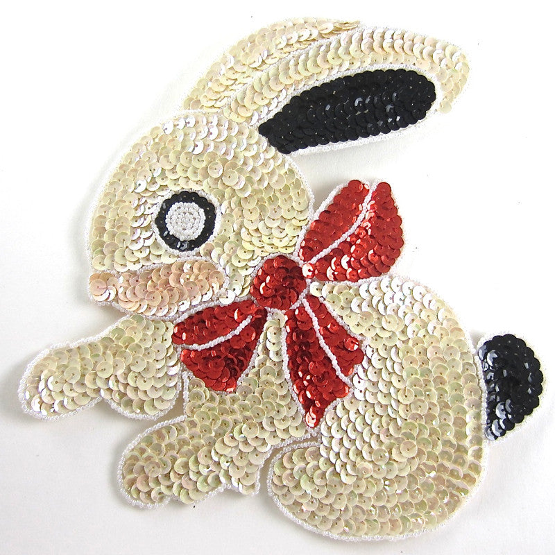 Handmade Bunny Rabbit Appliqué with Beige Iridescent Sequins and Beads with a Red Sequin Bow 9" x 8"
