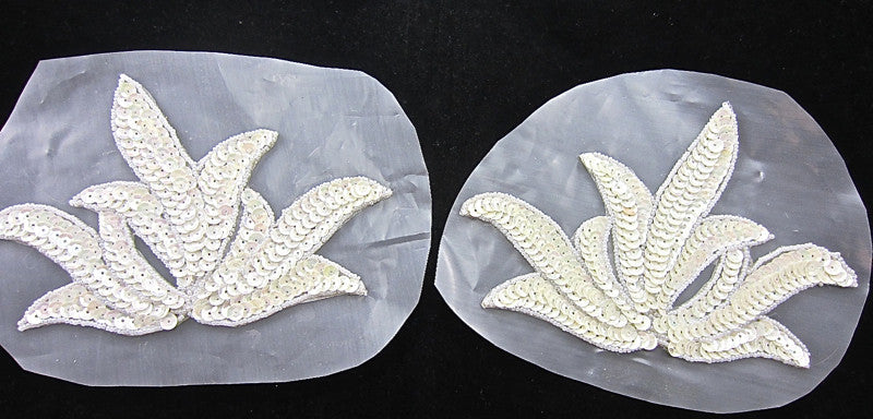 Leaf Pair - Ivory Sequins - White Beads 6.25” x 4.5"