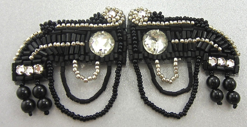 Hook and Eye Clasp, Black, Silver Beads and Rhinestones 2 x 1