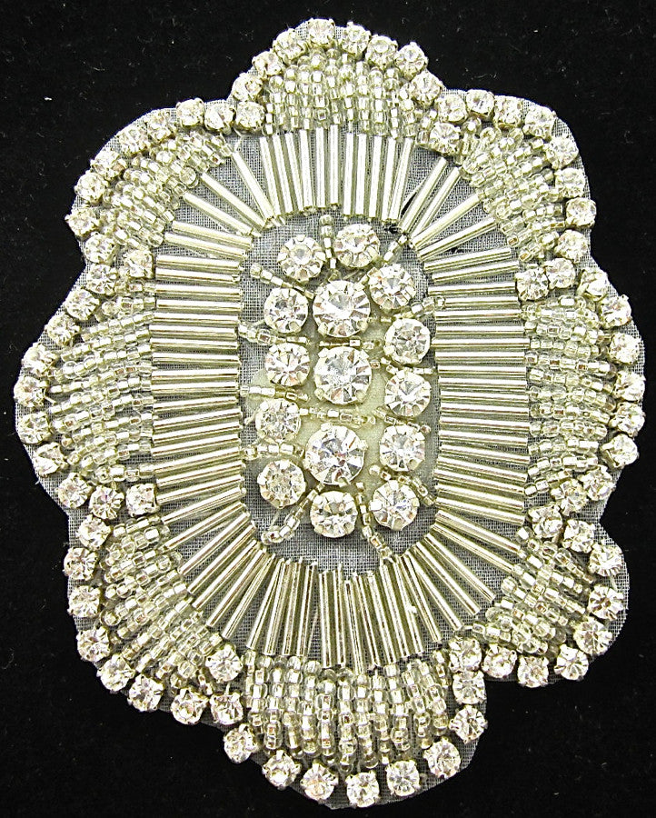 Designer Motif Flower - Silver Beads - High Quality Rhinestones 4.25" x 3.5"