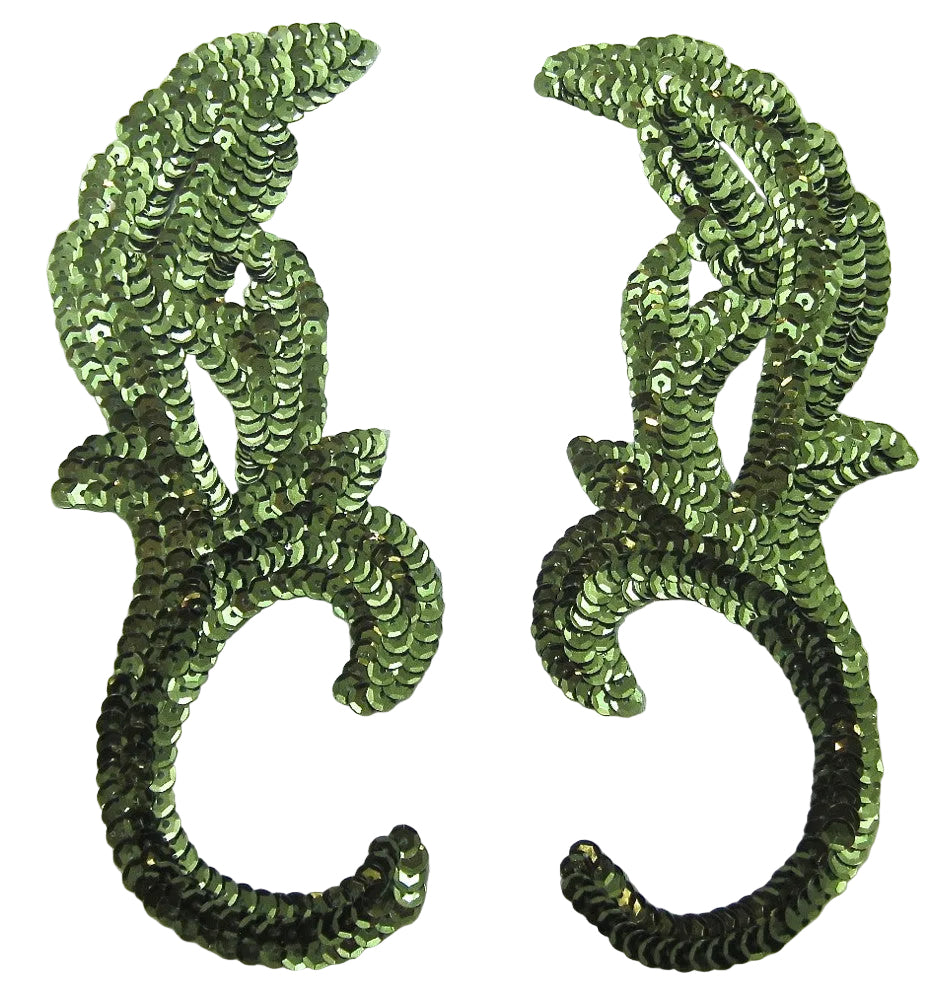 Designer Motif Leaf Pair - Olive Green Sequins 8.25” x 3.25"