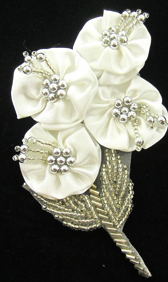 Flower with White Satin and Silver Beads 3" x 4"