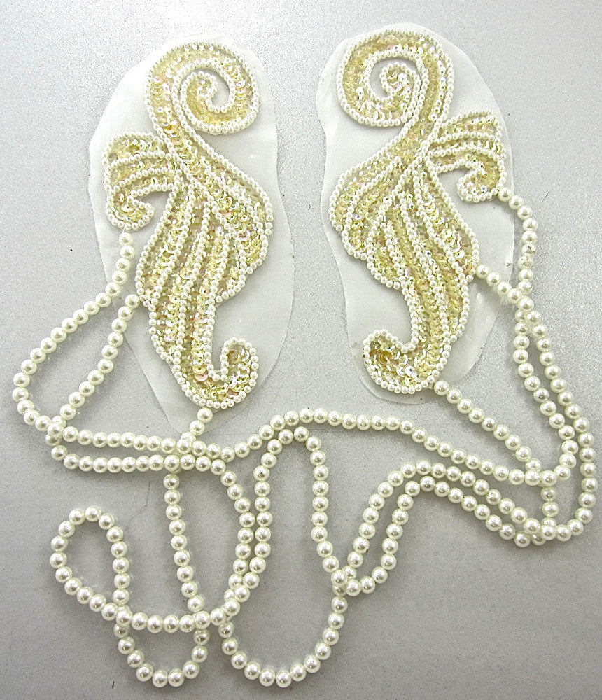 Epaulet Designer Motif - Beige Iridescent Sequins - White Pearls 15"x 15”