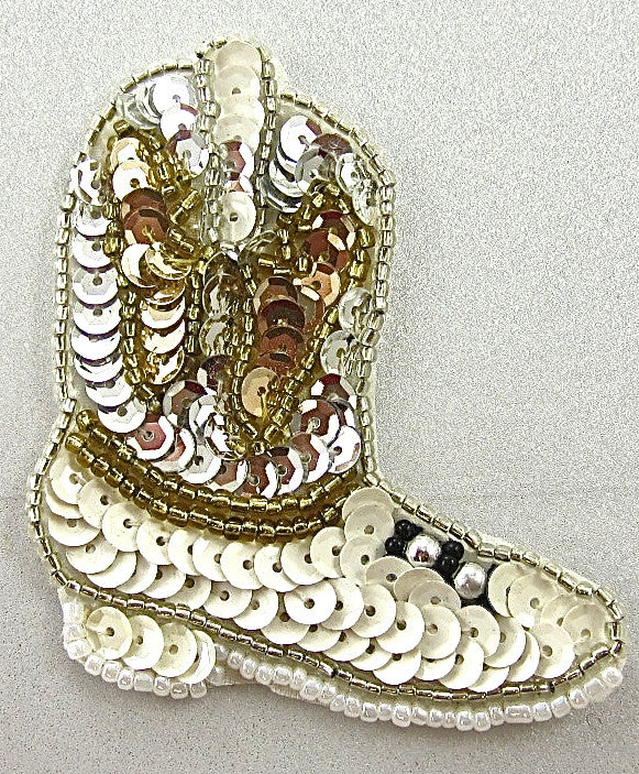Boot Cowboy with Silver Gold and White Sequins and Beads 3" x 2"
