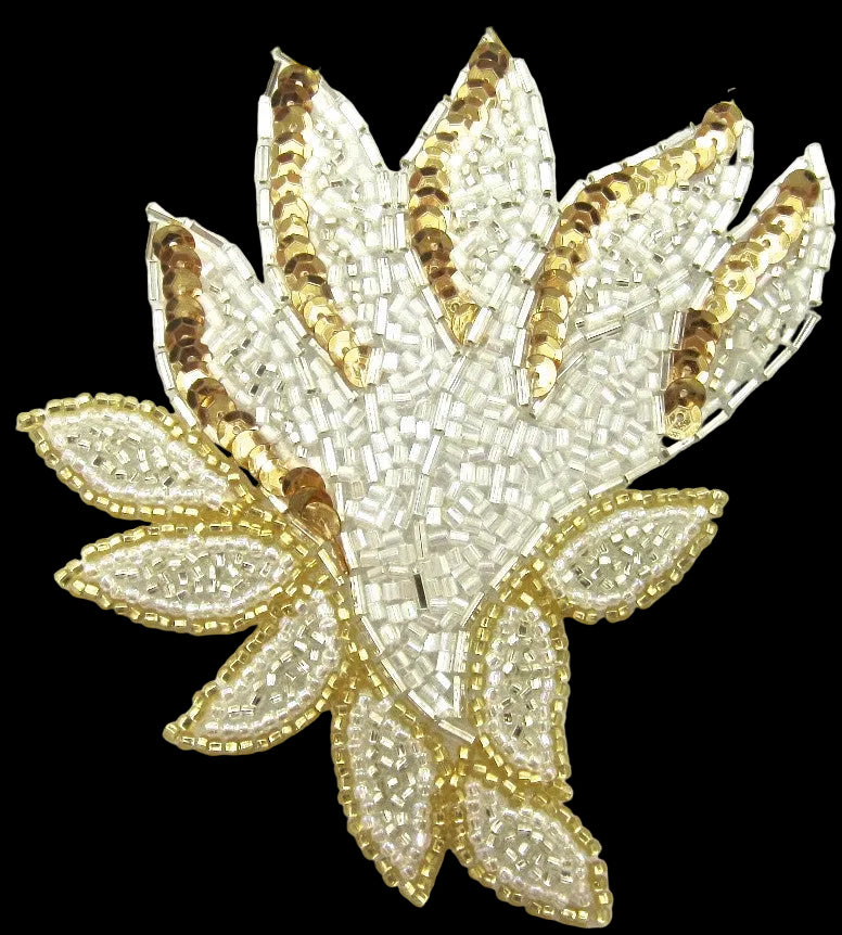 Designer Motif Leaf with Iridescent Bead Gold Sequins 5" x 4"