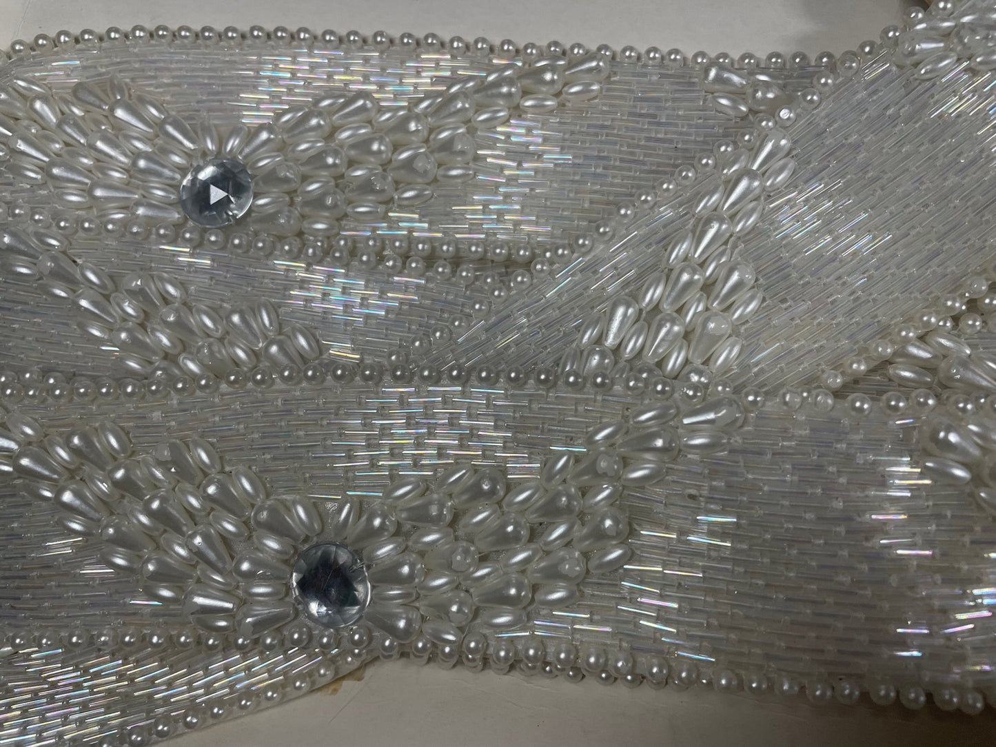 Trim with Iridescent Beads, White Drop Pearls and Large Rhinestone 2"