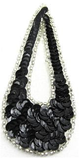 Design Motif Large Teardrop - Black Sequins - Silver Beaded Trim 14" x 1.5"