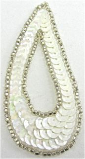 Design Motif Small Teardrop - White Sequins - Silver Beads 1.5" x 3"