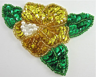 Flor con lentejuelas y cuentas doradas y verdes de 7.6 cm x 8.9 cm