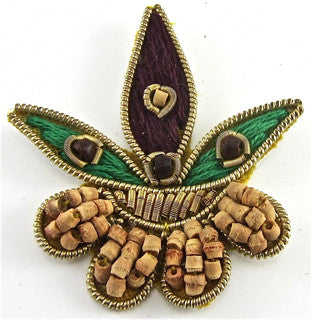 Flor hecha con madera y hilo burdeos y verde 1.5" x 1.75"