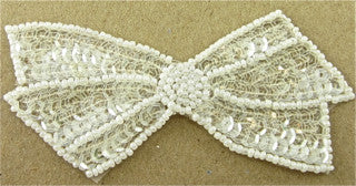 Bow with Iridescent Sequins and White Beads 4" x 2"