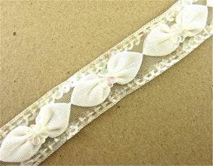 Trim with Cotton Bows Topped with Iridescent Flowers, Iridescent Sequins Edges 1" Wide Sold by the Yard