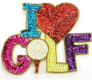 “I Love Golf” Multicolored Sequin and Beads Word 6” x 5”