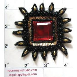 Designer Motif Crest with Black and Red Jewels 3"