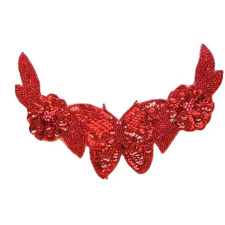 Escote de Flores con Lentejuelas y Cuentas Rojas 10.5" x 6"