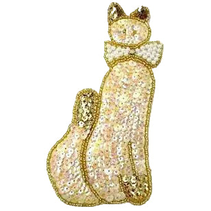 Cat with Cream and Gold Sequins and Beads, Pearl Bow Center AB Rhinestone 7" x 3.25”