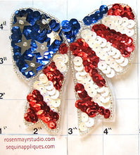 Load image into Gallery viewer, 10 PACK Bow Red White and Blue with Sequins and Beads 4&quot; x 4&quot; - Sequinappliques.com