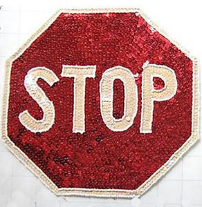 Stop Sign Road Sign with Red and White Sequins and Beads 8" x 8"