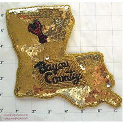 Louisiana State Shape Bayou Country Gold Black Sequins 7" x 6.25"