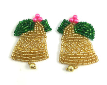 Load image into Gallery viewer, Christmas Gold Bell Pair Beaded with Green Beaded Holly 1.25&quot; x 1&quot;