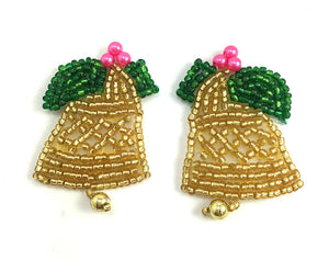 Christmas Gold Bell Pair Beaded with Green Beaded Holly 1.25" x 1"