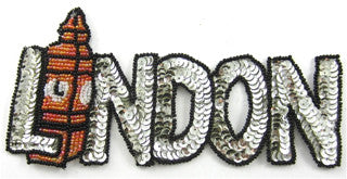 London with Big Ben - Silver Sequins and Black, White and Brick Orange Beads 3.5" x 7"