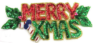 Merry Xmas Word Red and Green Sequin Beaded 8" x 4"