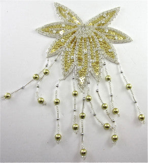Epaulet Leaf - Gold Sequins - Silver Beads 9" x 5.5"