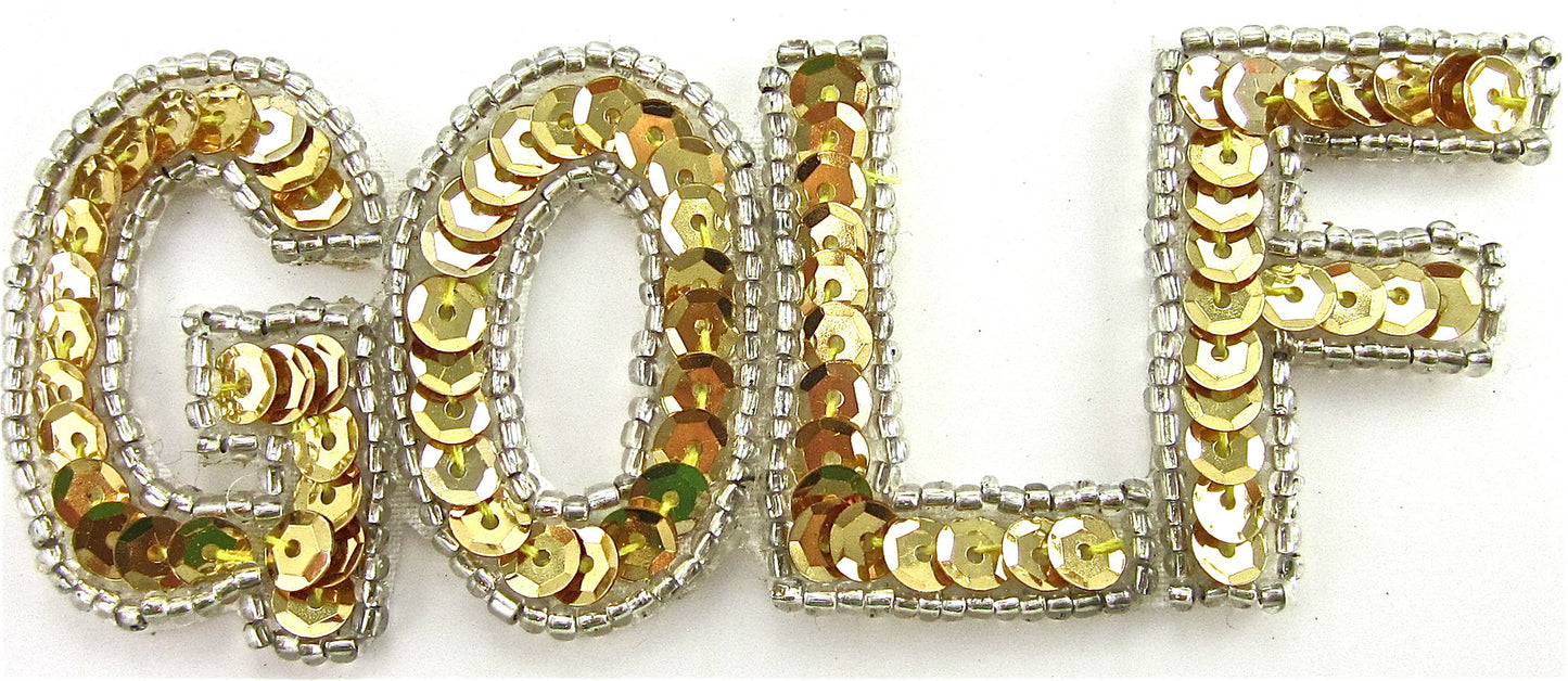 “Golf” Word Appliqué With Gold Sequins and Silver Beads 1.5" x 3.25"
