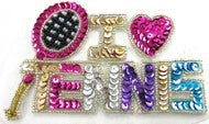 “I LOVE TENNIS” Multicolored Sequin Word 4.5" x 2.5"
