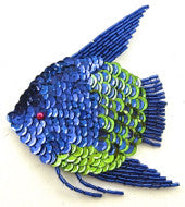 Aplicación de pez - Lentejuelas azul real/verde - Cuentas de cristal azul real 4" x 3.5"